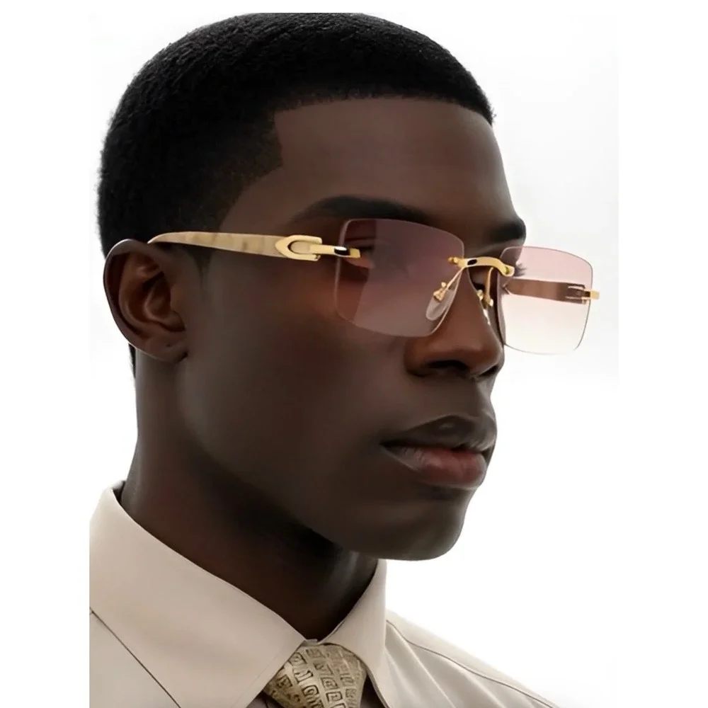 Mens Rimless Rectangular Sunglasses Hip Hop Pink Gradient Lens Marble Temple New